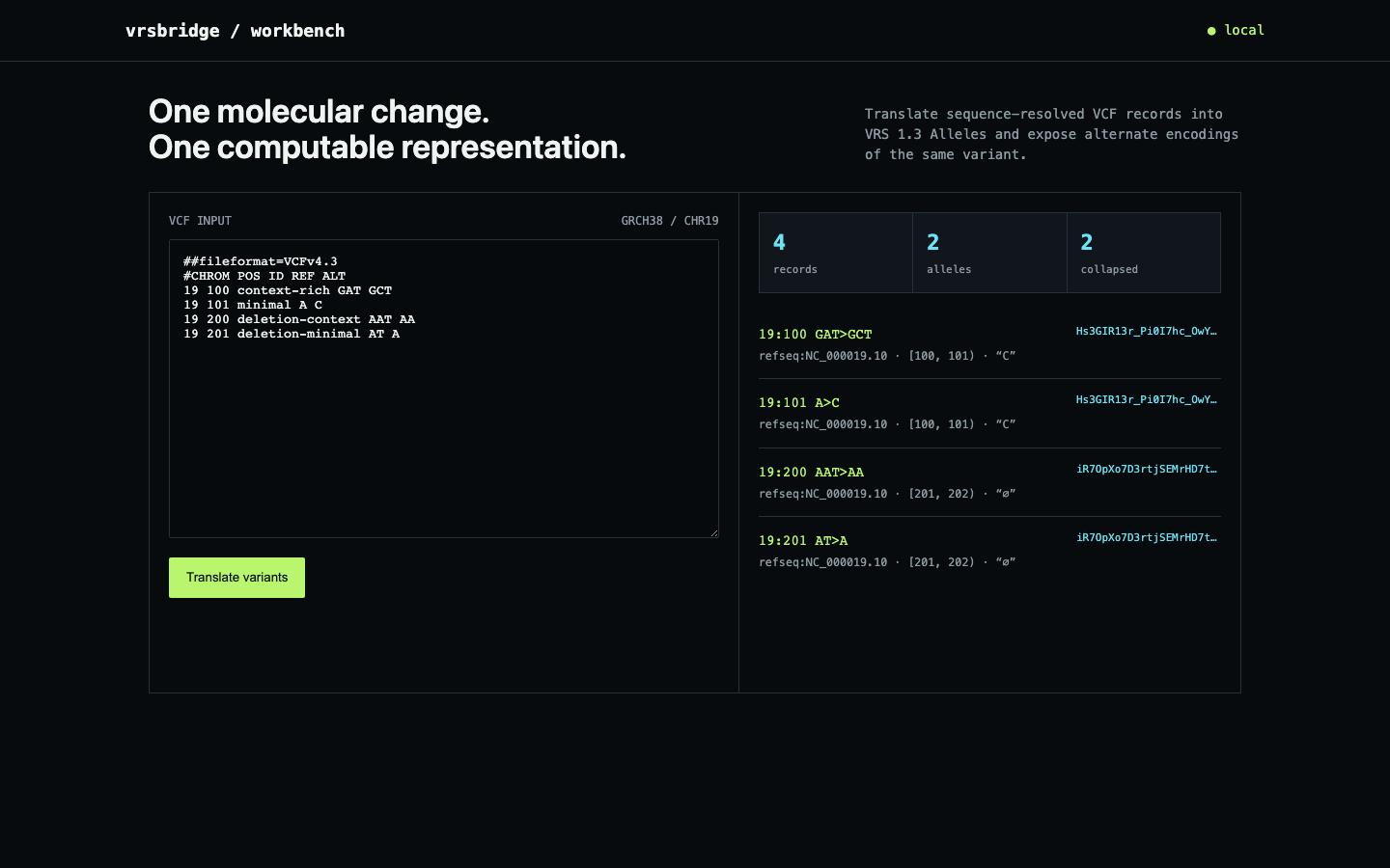 vrsbridge workbench translating four VCF records into two normalized alleles